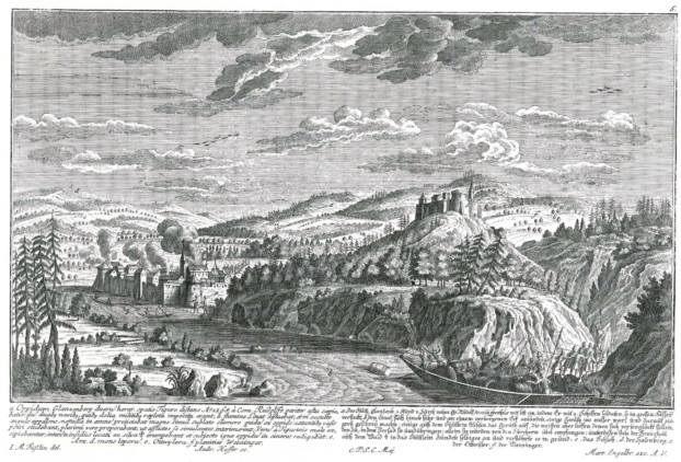 Die angebliche Zerstörung Glanzenbergs während der Regensberger Fehde in einer Darstellung aus dem Jahr 1715.
