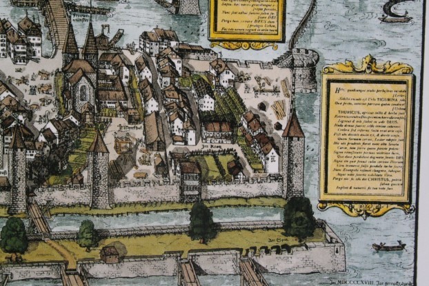 Das Kratzquartier 1576 auf dem Murerplan. Im Vordergrund der Fröschen- und Sihlgraben mit Wollishoferturm, Äbtissinnenturm, Kappelerhof und Kratzturm (von links nach rechts). Im Hintergrund das Fraumünsterkloster, das Kratzquartier und der städtische Werkhof.