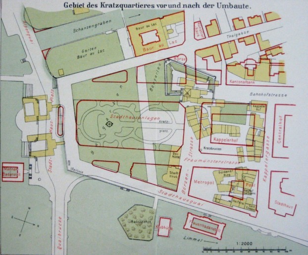 Plan des Kratzquartiers von 1902, vor (gelb) und nach (rot) den Umbauten.