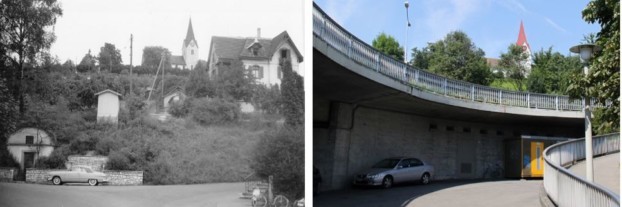 Eingang der Europabrücke früher (vor 1964, als sie noch nicht stand) und heute.